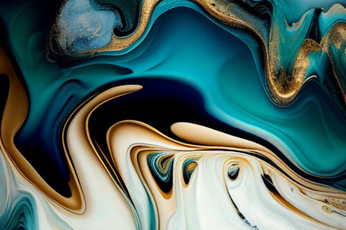 abstract wavy white marble and turquoise liquid textured design with gold accents